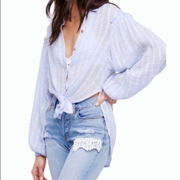 Free People Headed to the Highlands Button Up Top in Blue/White (XS) - Picture 3 of 11